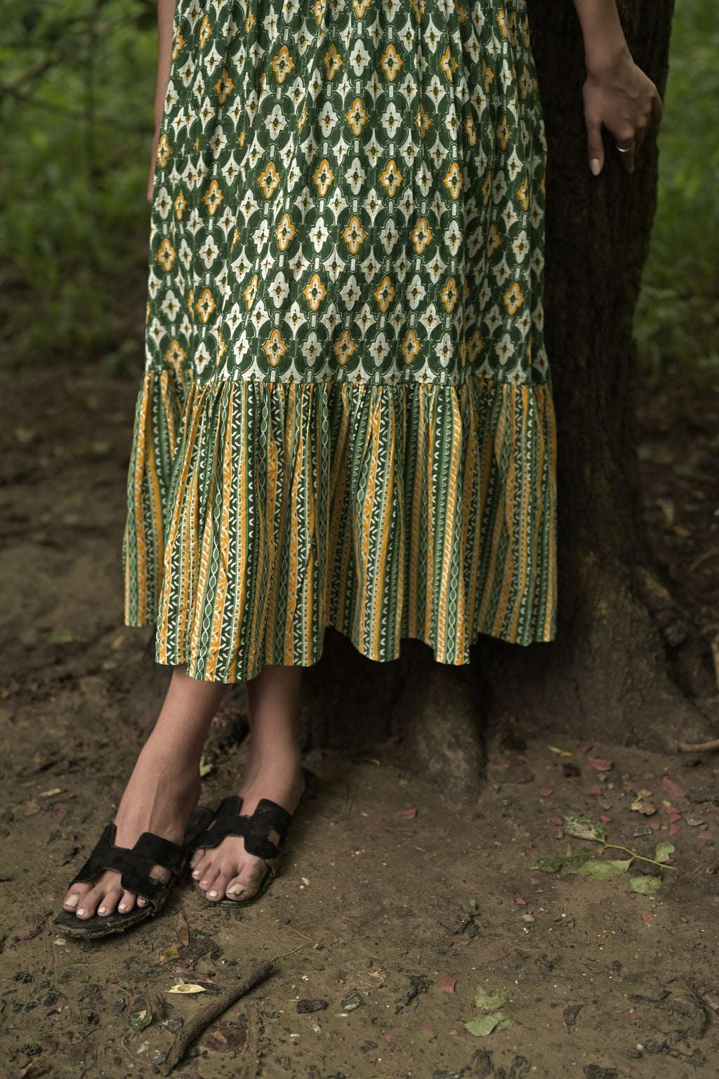 Olive Green Bohemian Printed Midi Dress