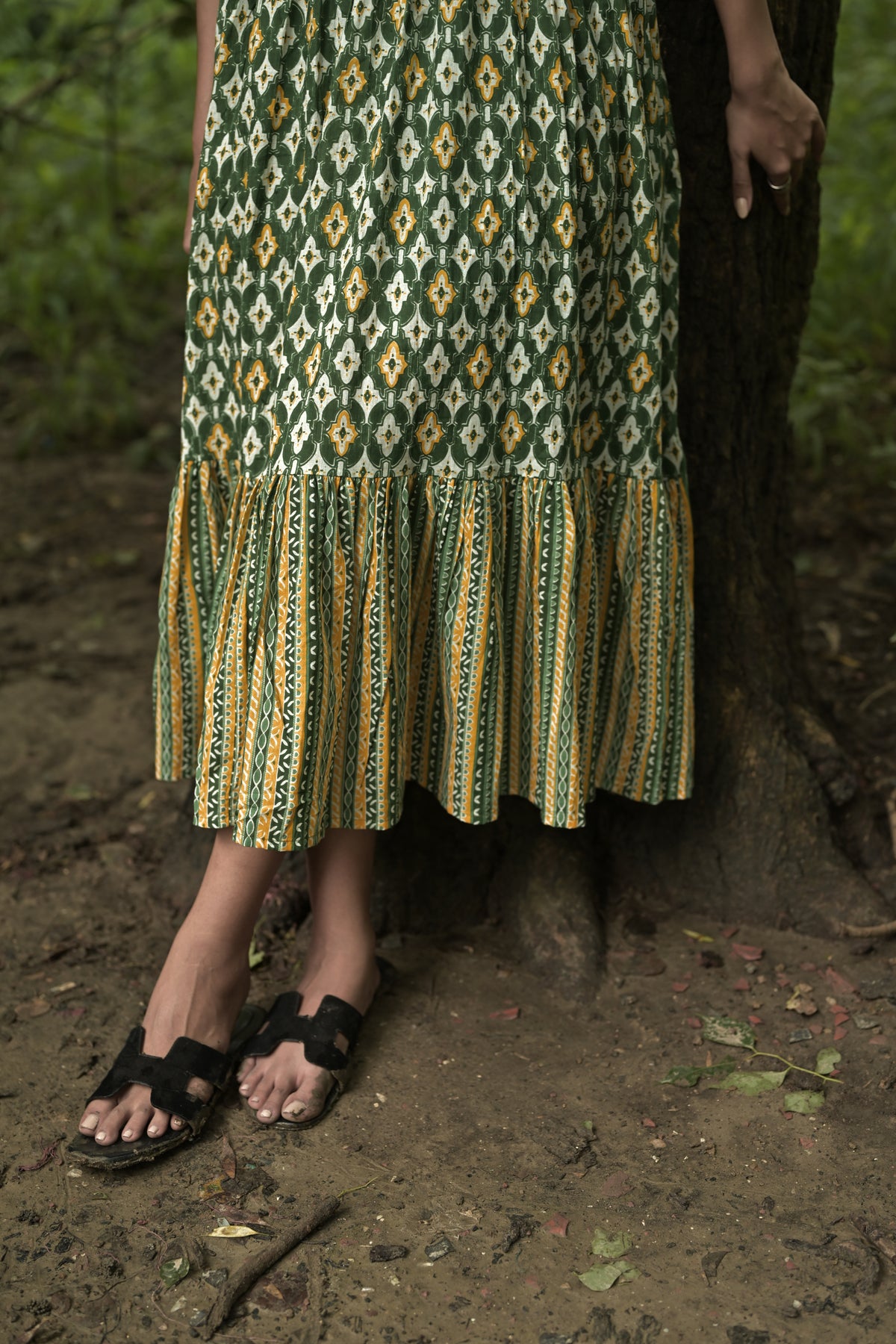 Olive Green Bohemian Printed Midi Dress