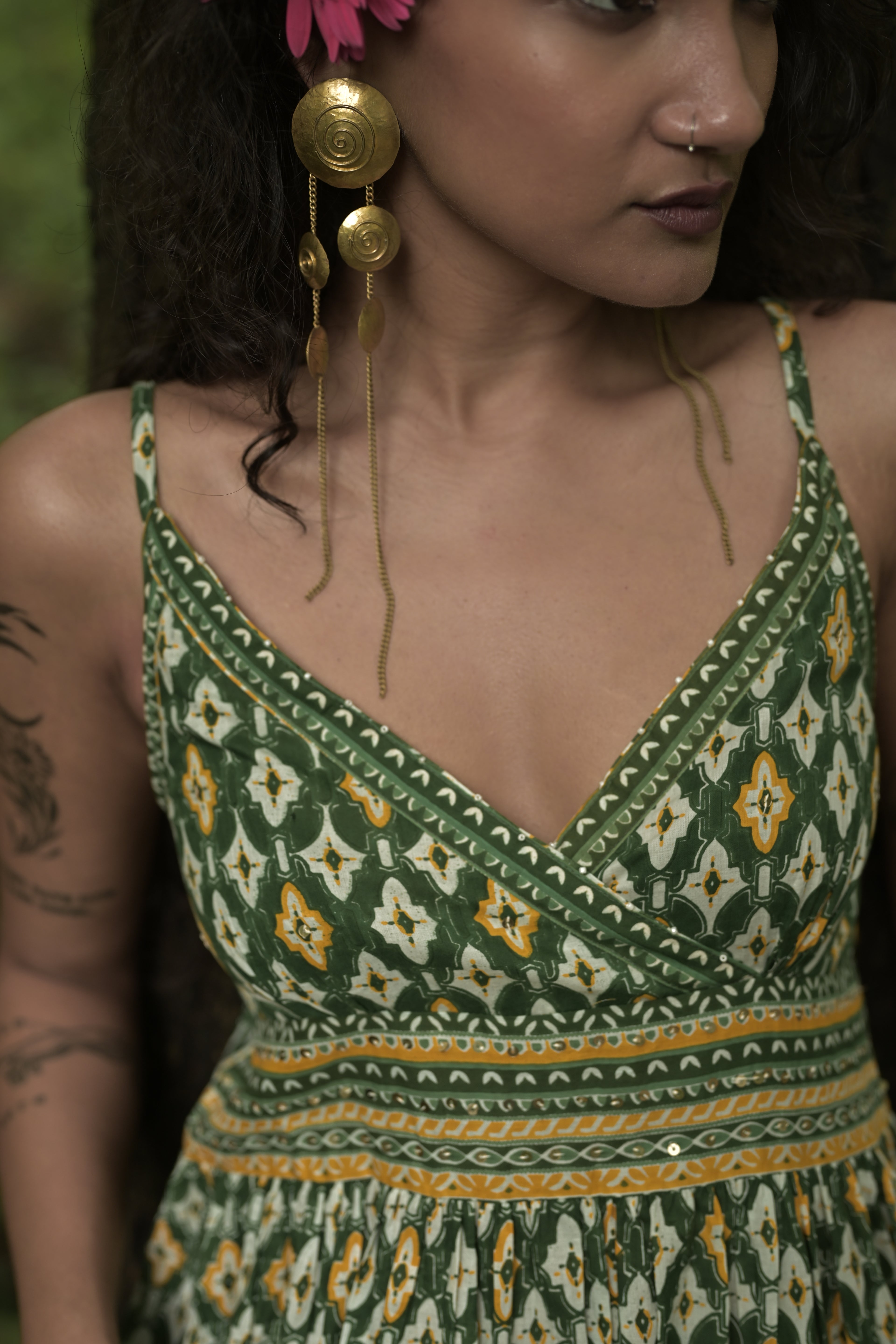 Olive Green Bohemian Printed Midi Dress