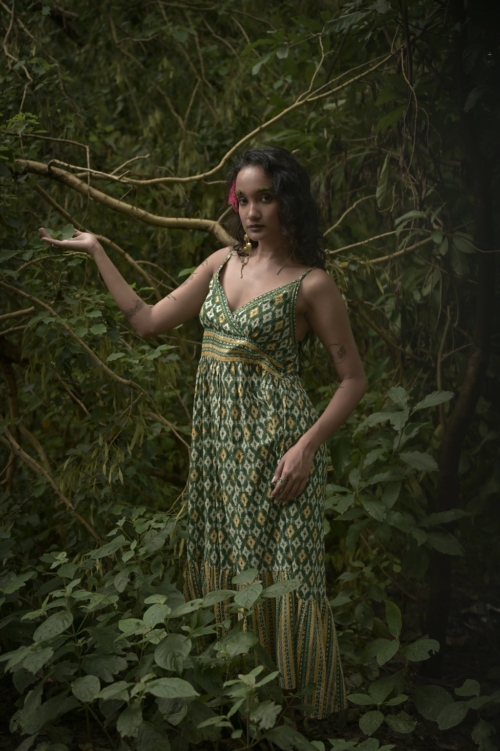Olive Green Bohemian Printed Midi Dress