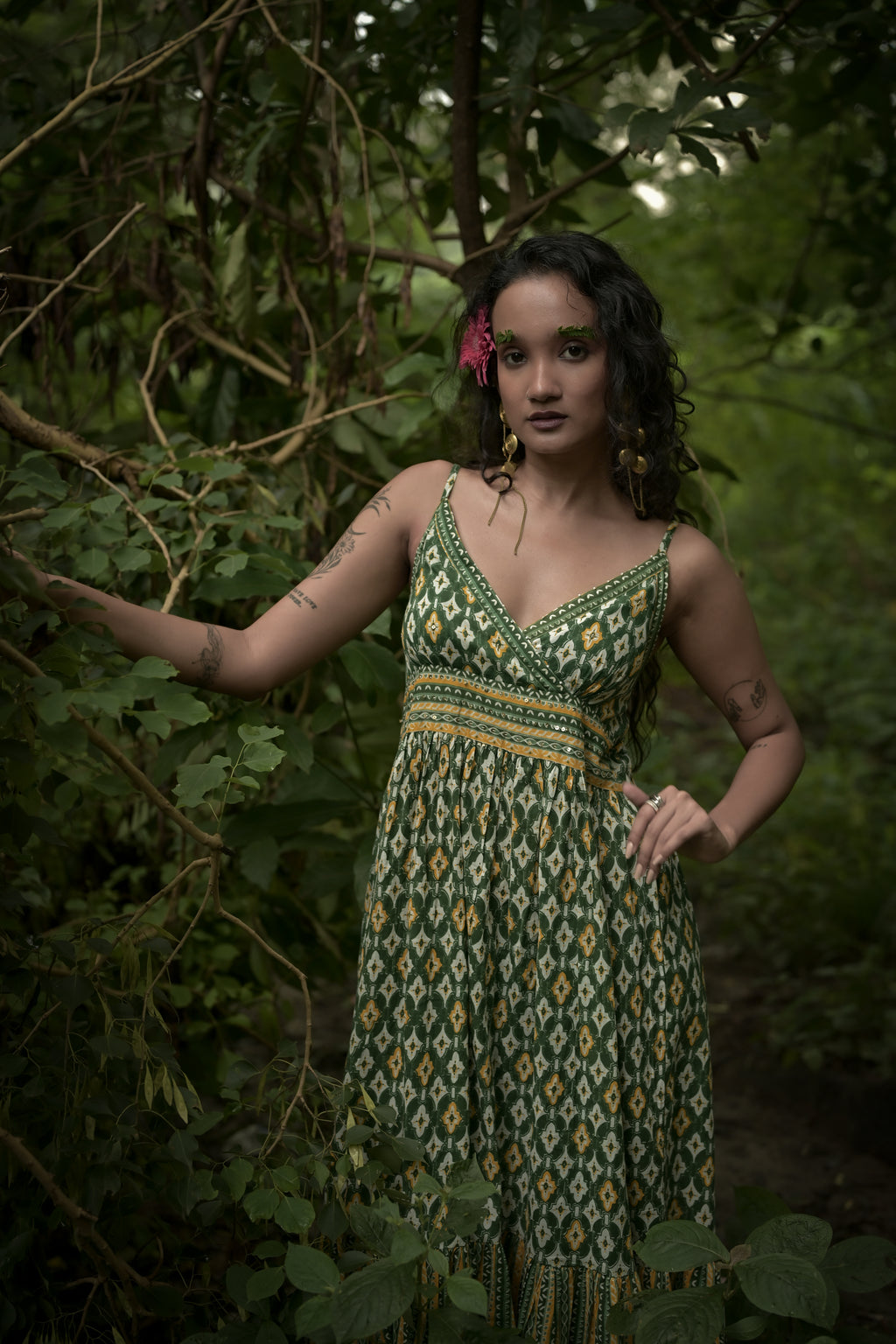 Olive Green Bohemian Printed Midi Dress