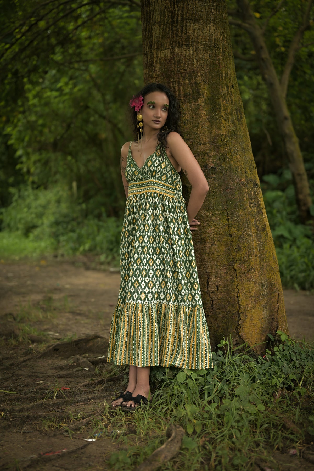 Olive Green Bohemian Printed Midi Dress
