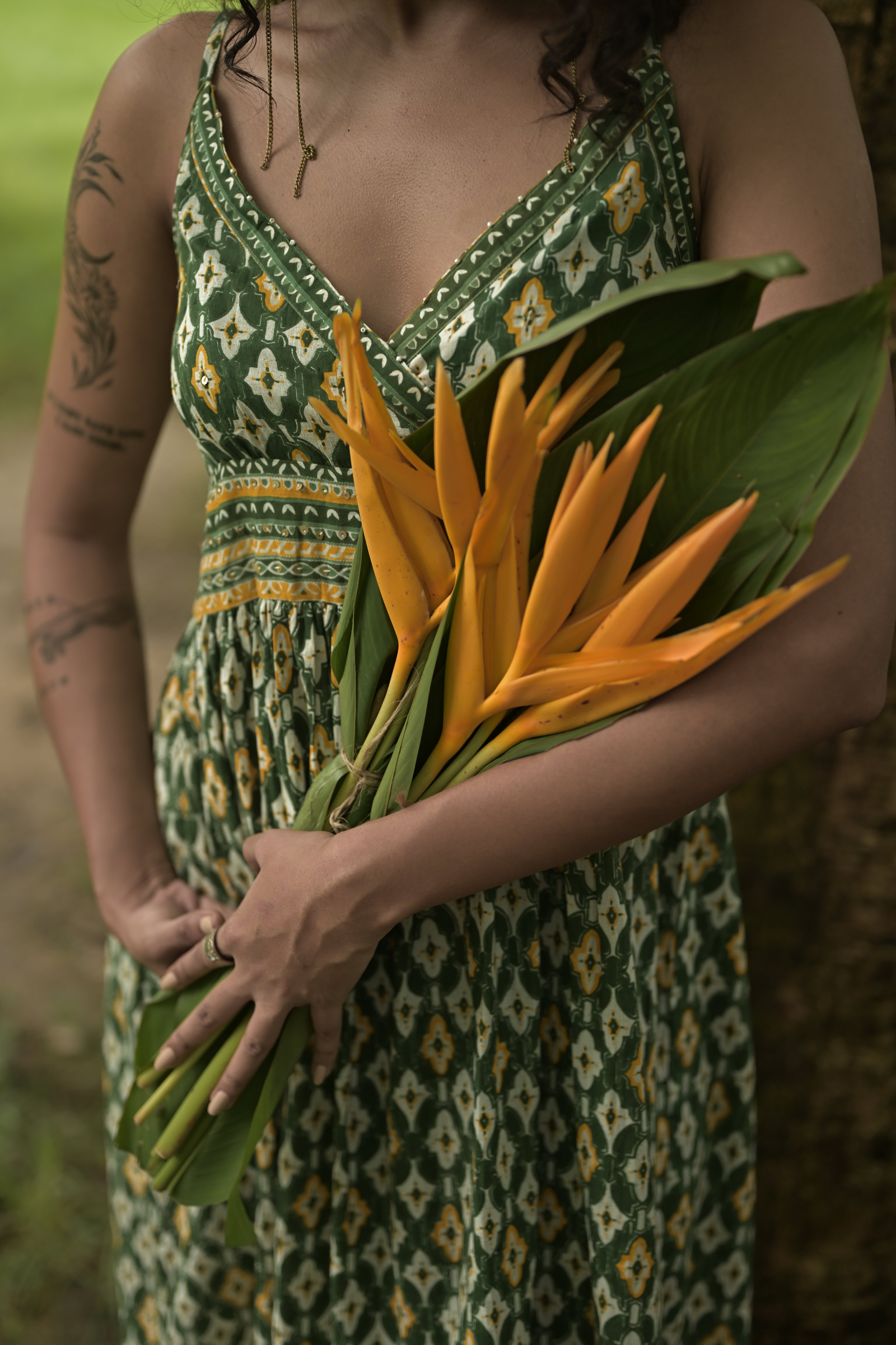Olive Green Bohemian Printed Midi Dress