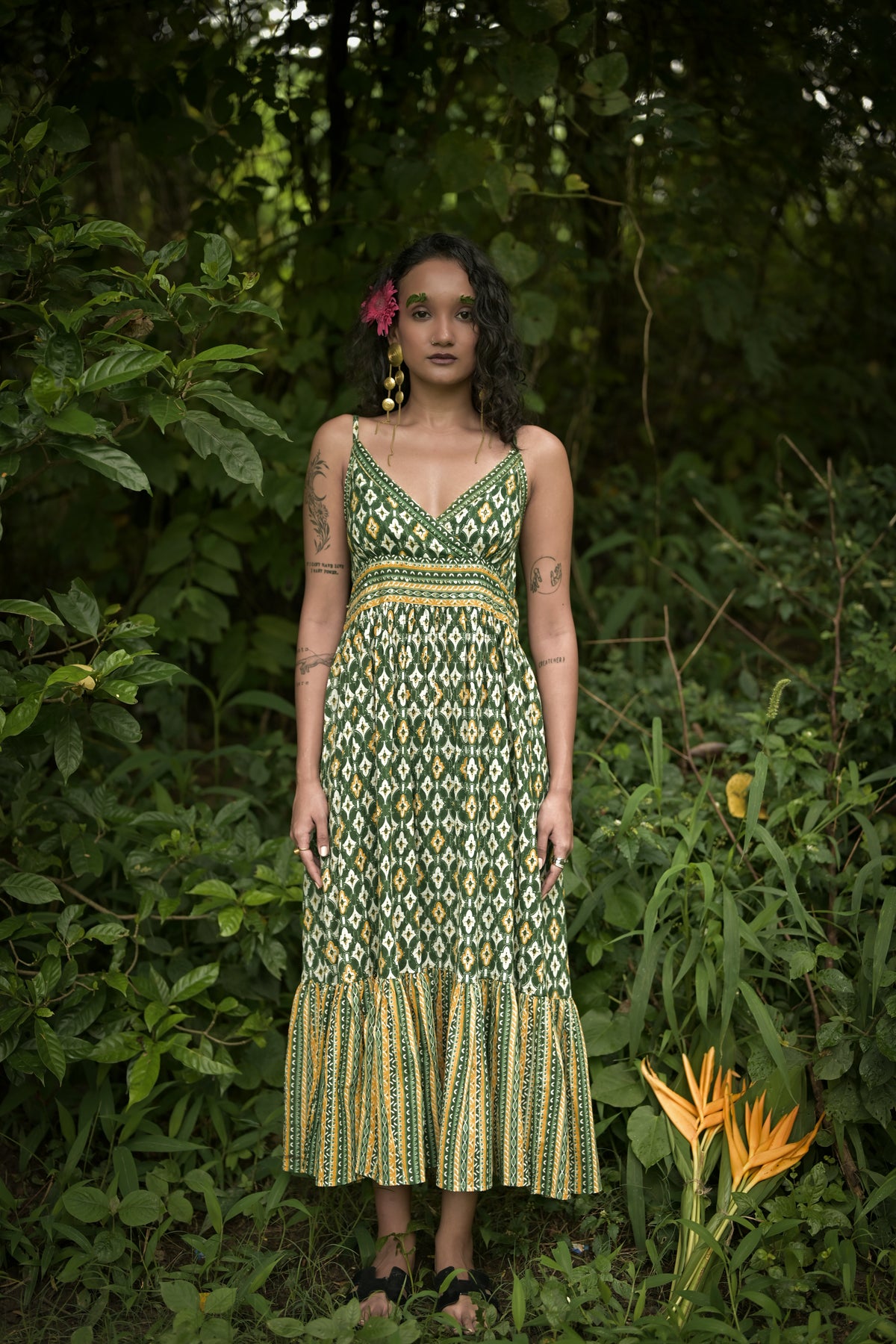 Olive Green Bohemian Printed Midi Dress