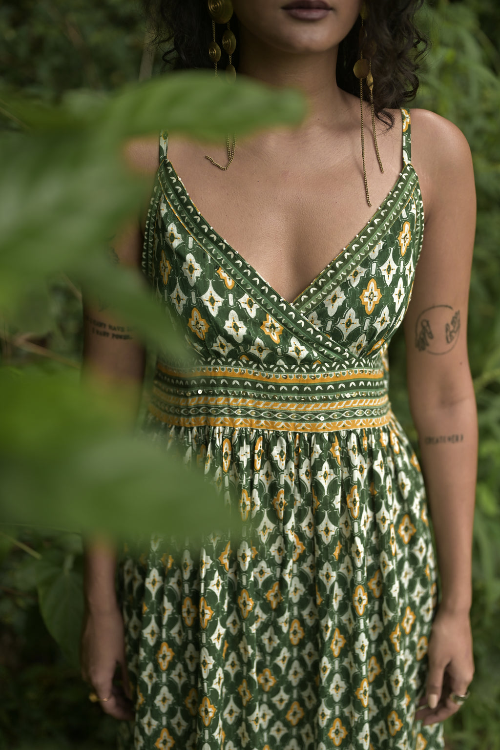 Olive Green Bohemian Printed Midi Dress