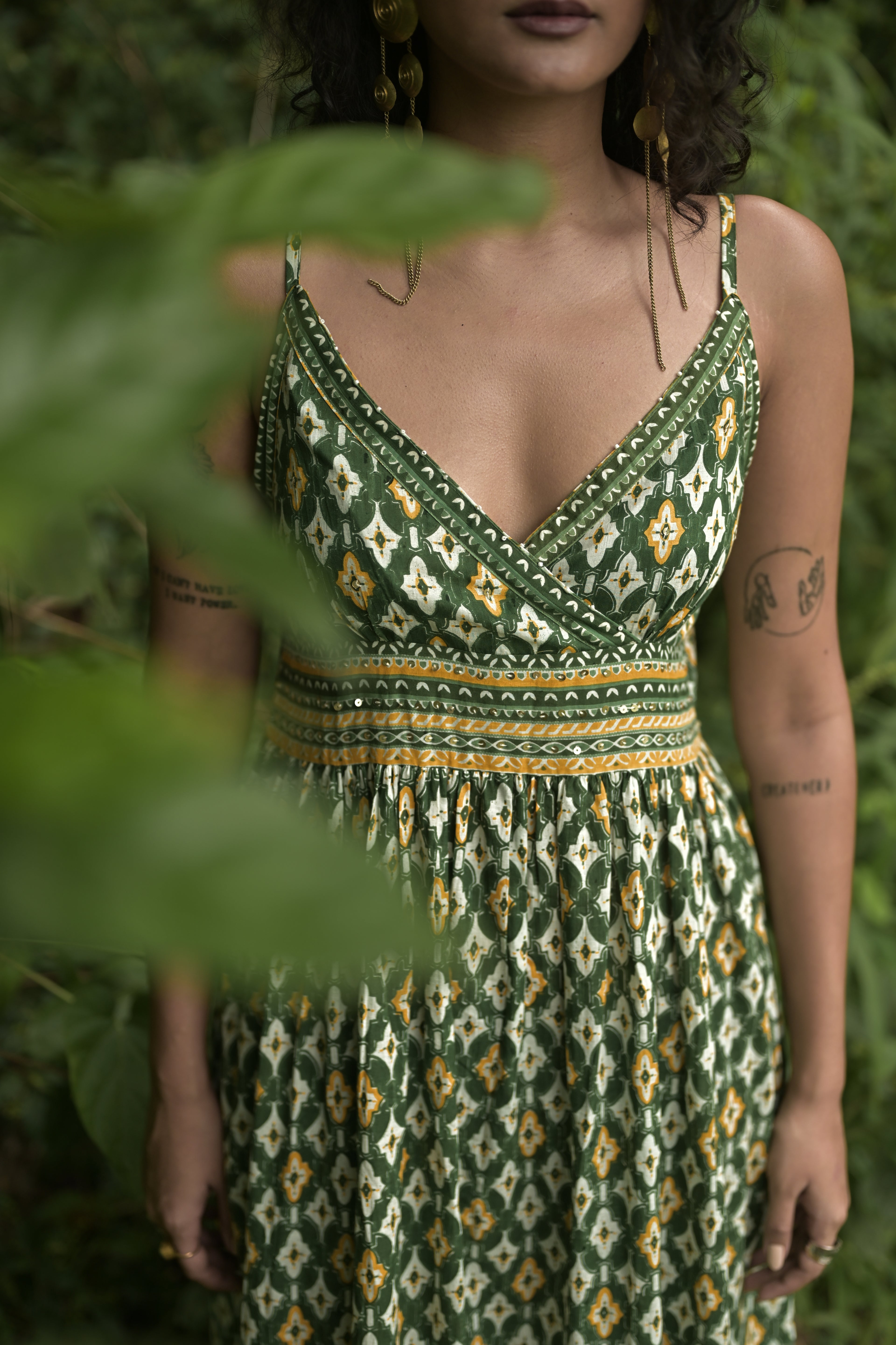Olive Green Bohemian Printed Midi Dress
