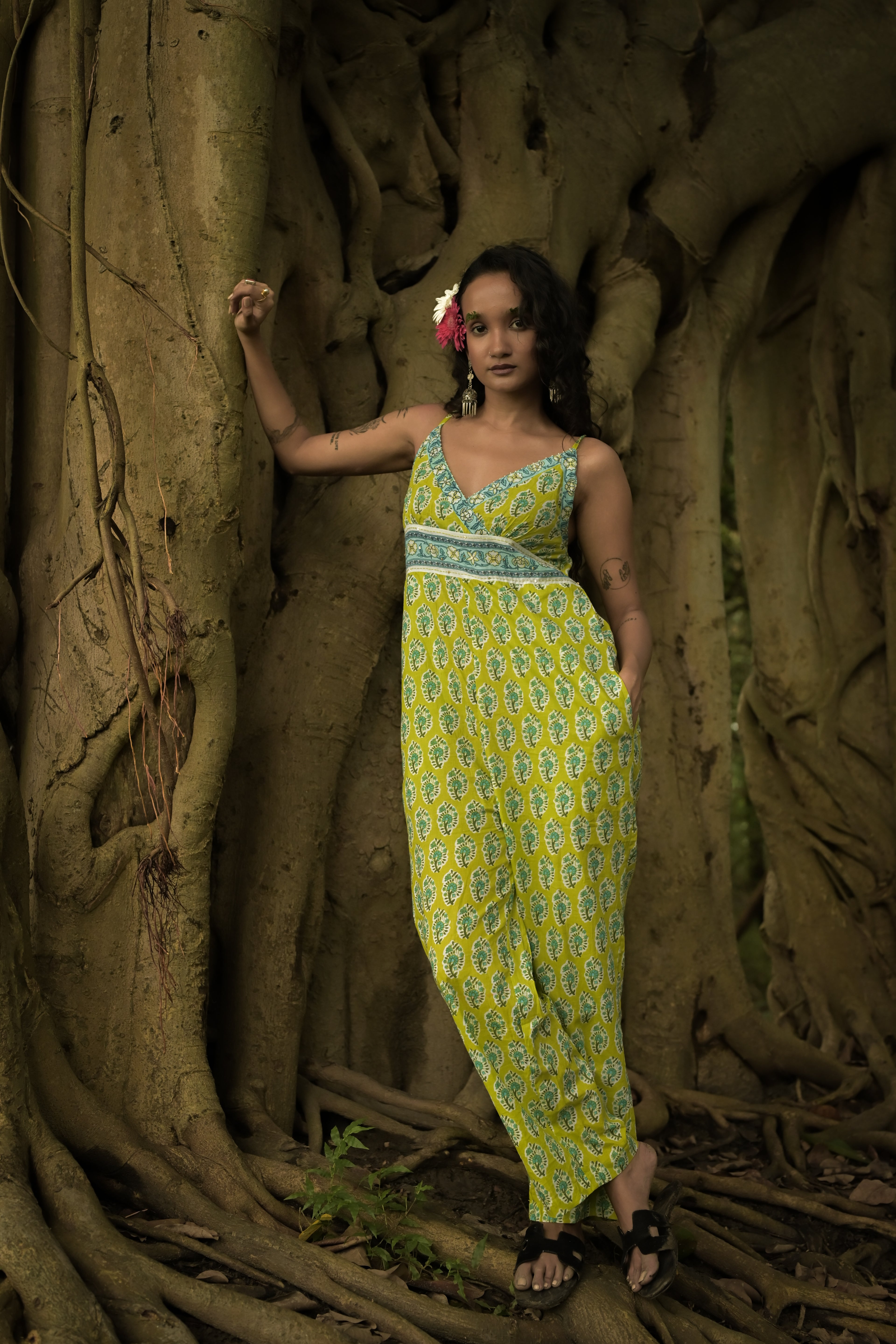 Lime Green Floral Print Wide-Leg Jumpsuit