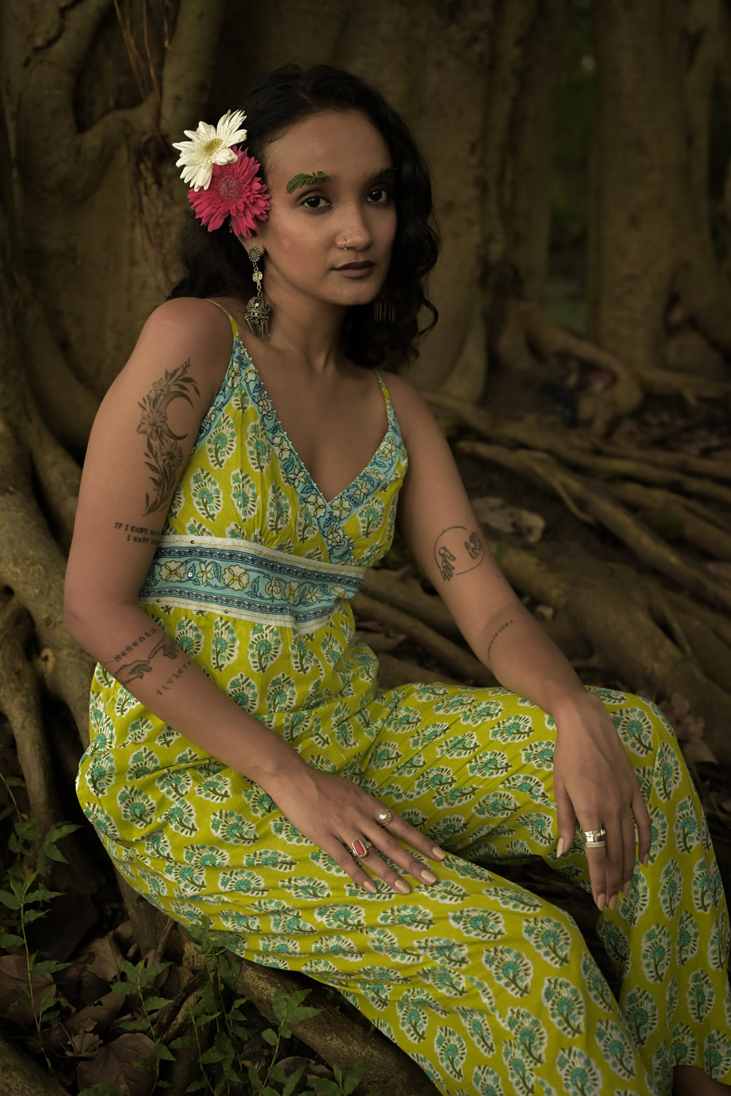 Lime Green Floral Print Wide-Leg Jumpsuit