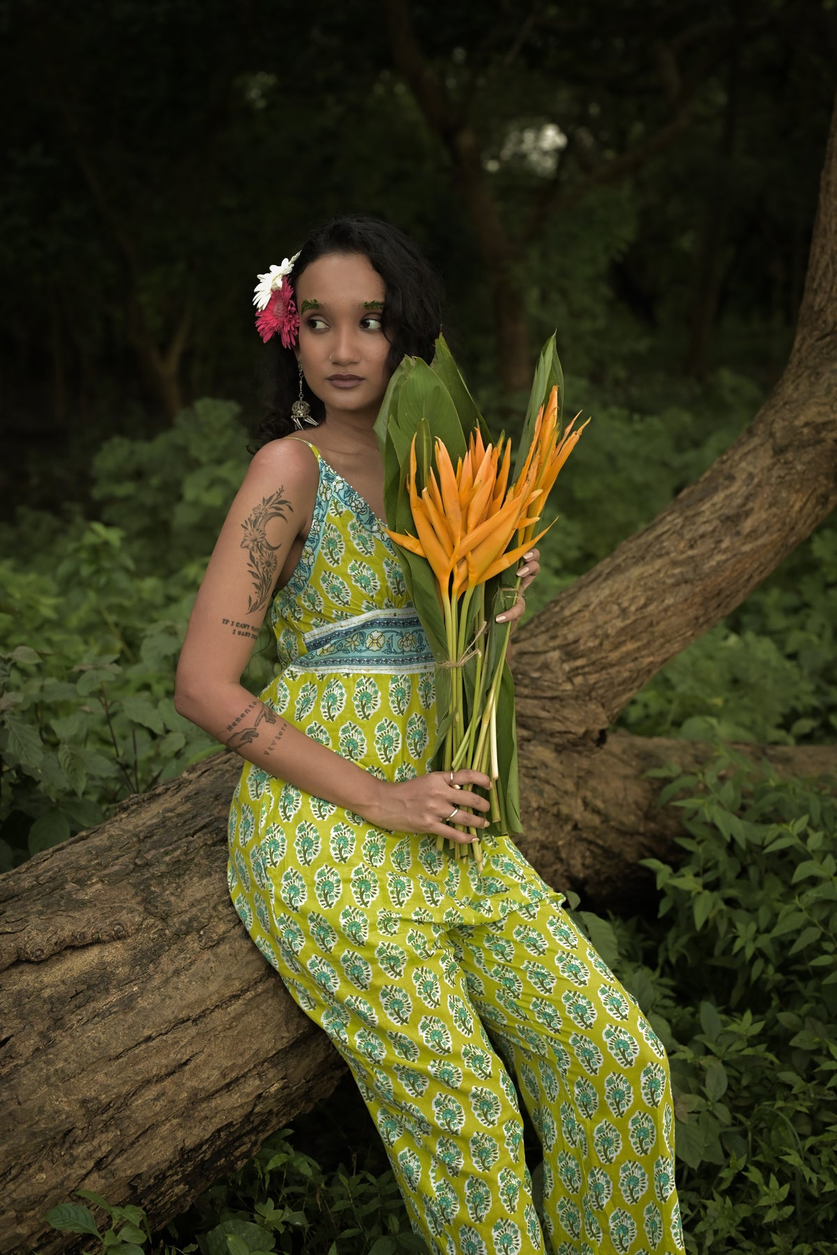 Lime Green Floral Print Wide-Leg Jumpsuit