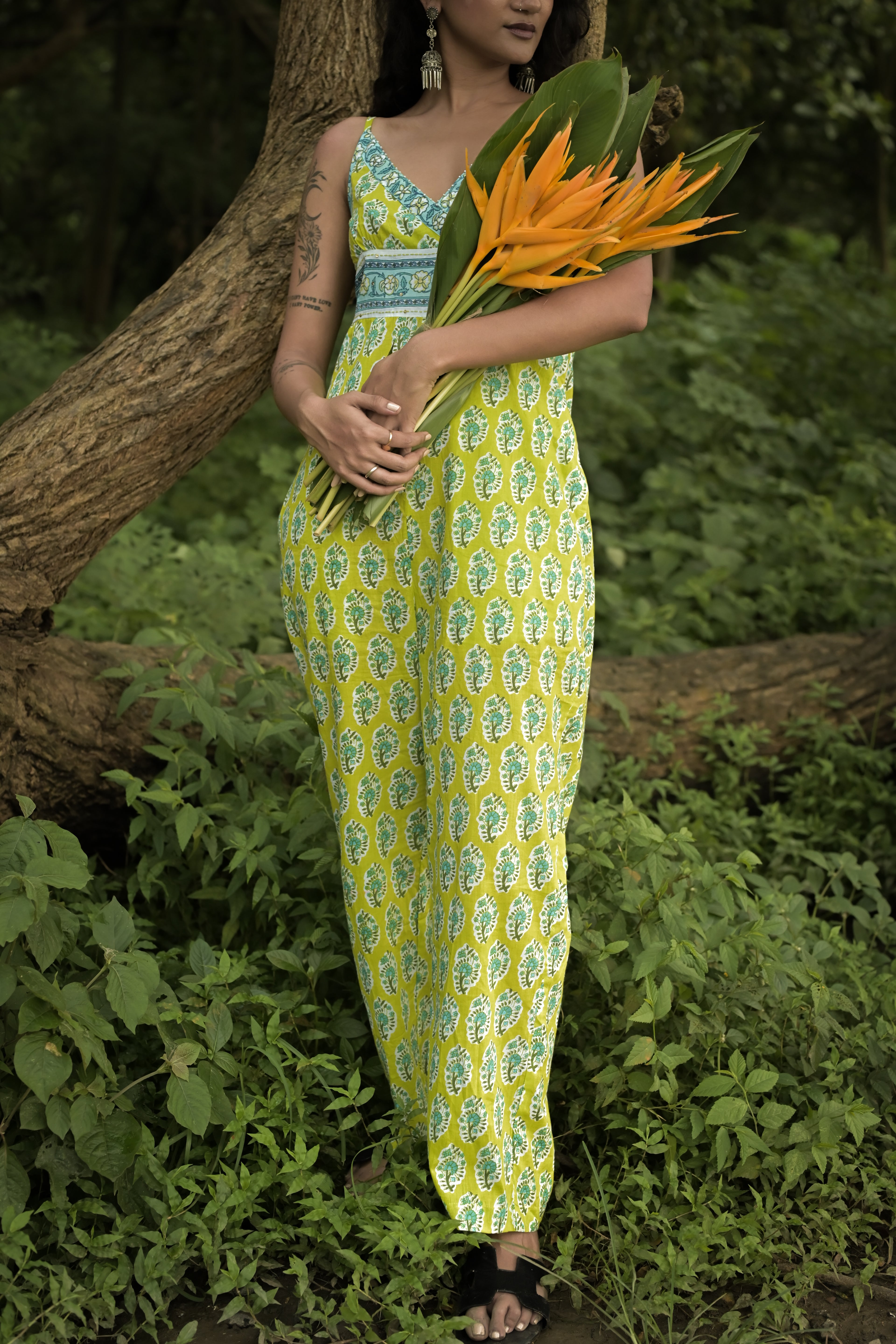 Lime Green Floral Print Wide-Leg Jumpsuit