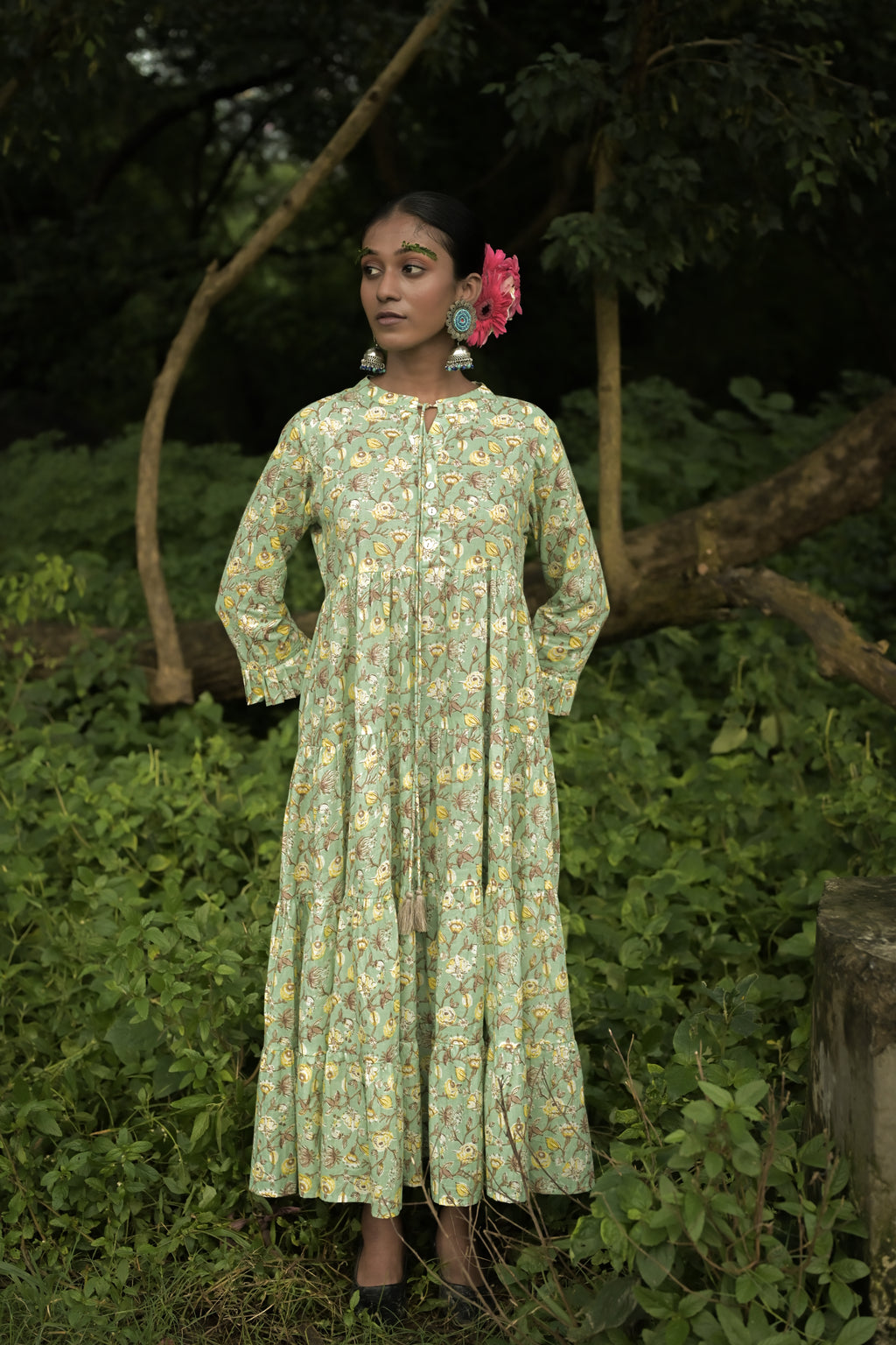 Mint Green Floral Printed Tiered Maxi Dress