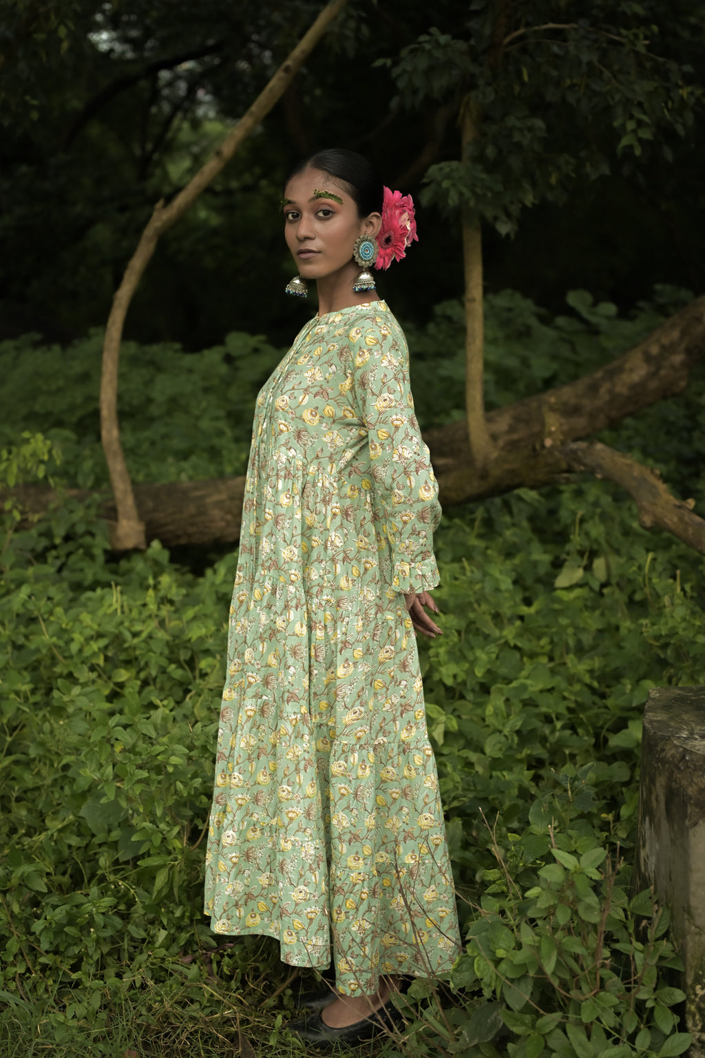 Mint Green Floral Printed Tiered Maxi Dress