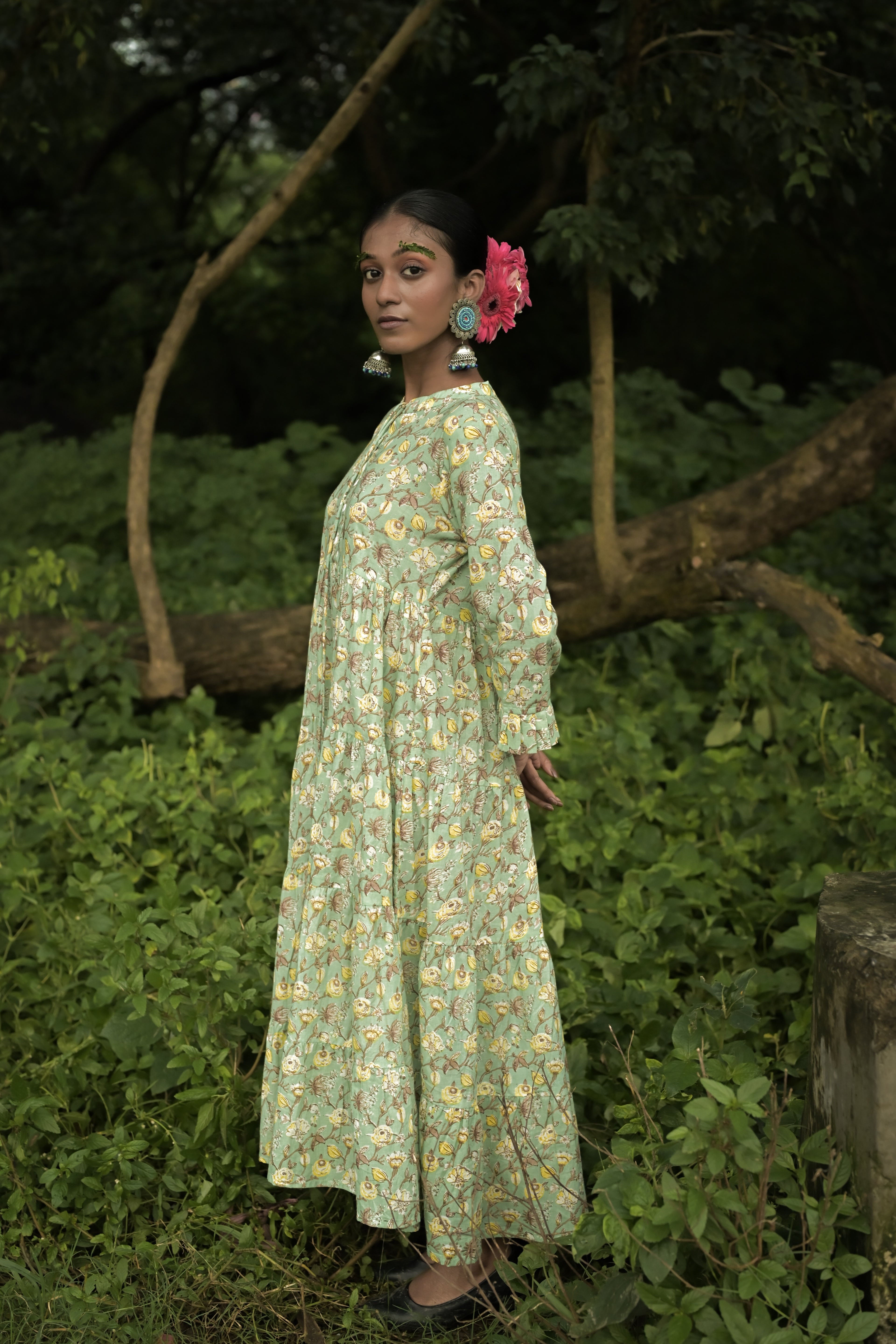 Mint Green Floral Printed Tiered Maxi Dress