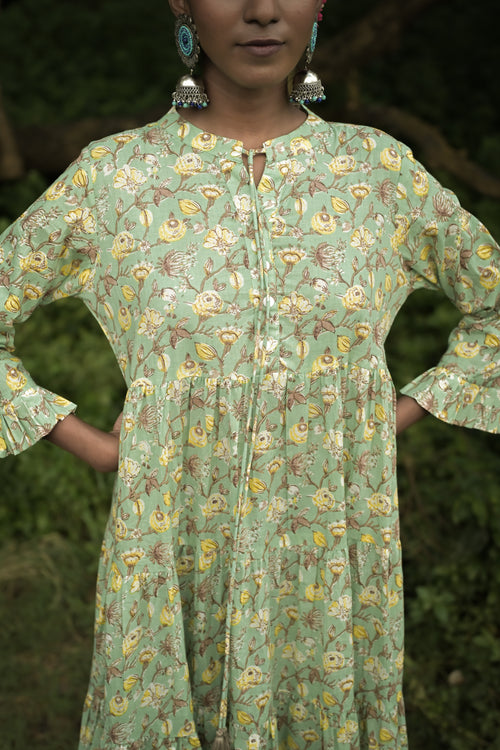 Mint Green Floral Printed Tiered Maxi Dress